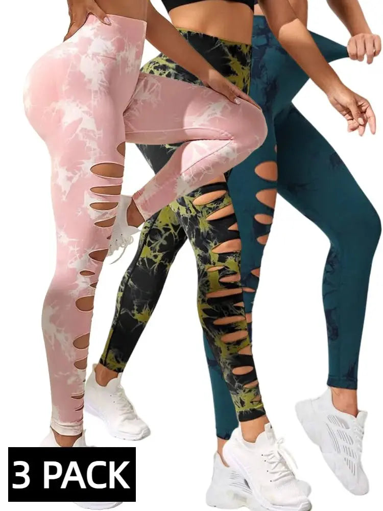 3 PACK Butt Lifting Yoga Gym Athletic Pants, Hollow Out Tummy Control Sports Leggings Tie Dye Running Pants - Glucklich Goods LLC