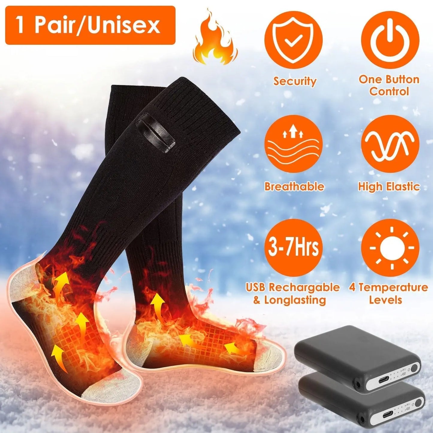 1Pair Electric Heated Socks For Men Women Battery Powered Heated Socks Rechargeable Feet Warmer With 4 Temperature Levels Indoor Outdoor Machine Washable - Glucklich Goods LLC