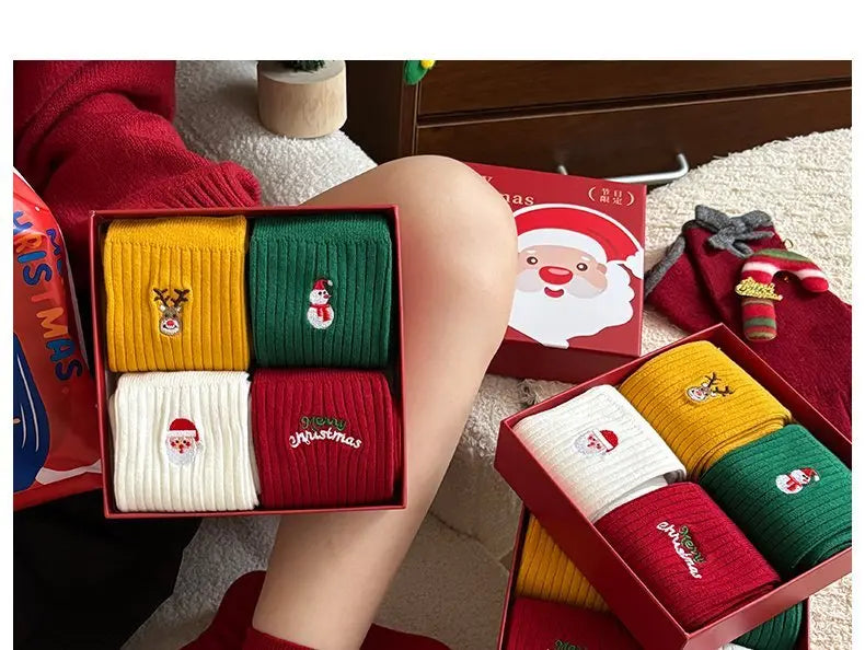 Holiday Women's Embroidered Socks - Christmas Gift Box Cotton Mid-Calf Socks Set - Glucklich Goods LLC
