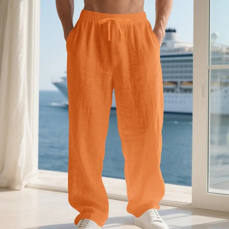 Linen Solid Color American Autumn Weiyi Casual Men's Loose Plus Size Wide Legs Beach Trousers Men - Glucklich Goods LLC