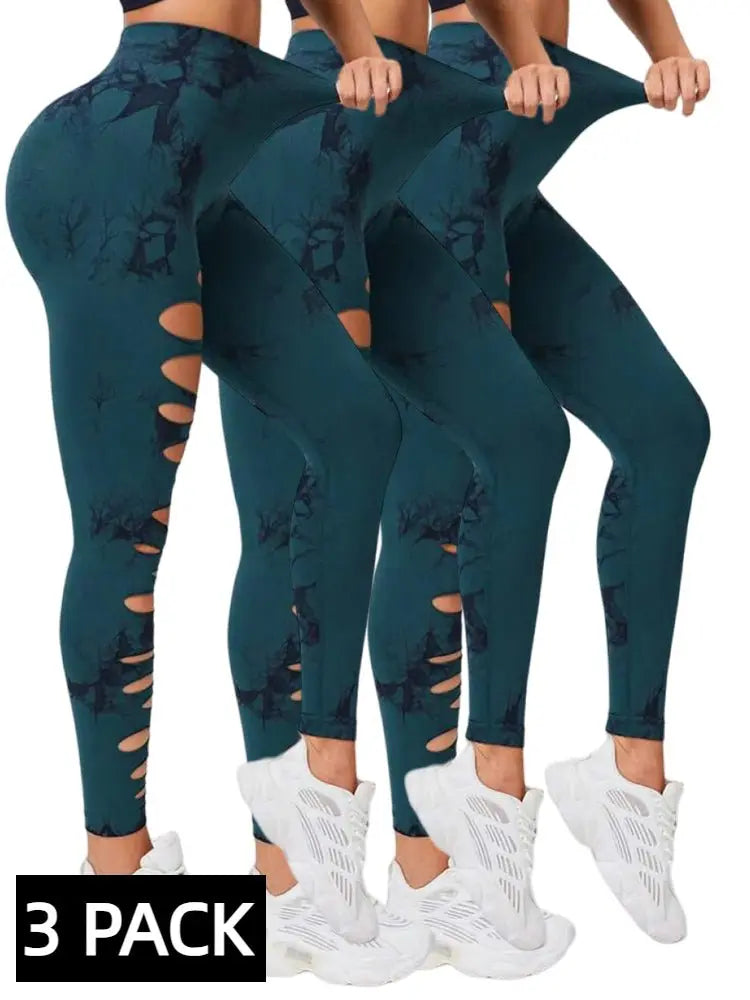 3 PACK Butt Lifting Yoga Gym Athletic Pants, Hollow Out Tummy Control Sports Leggings Tie Dye Running Pants - Glucklich Goods LLC