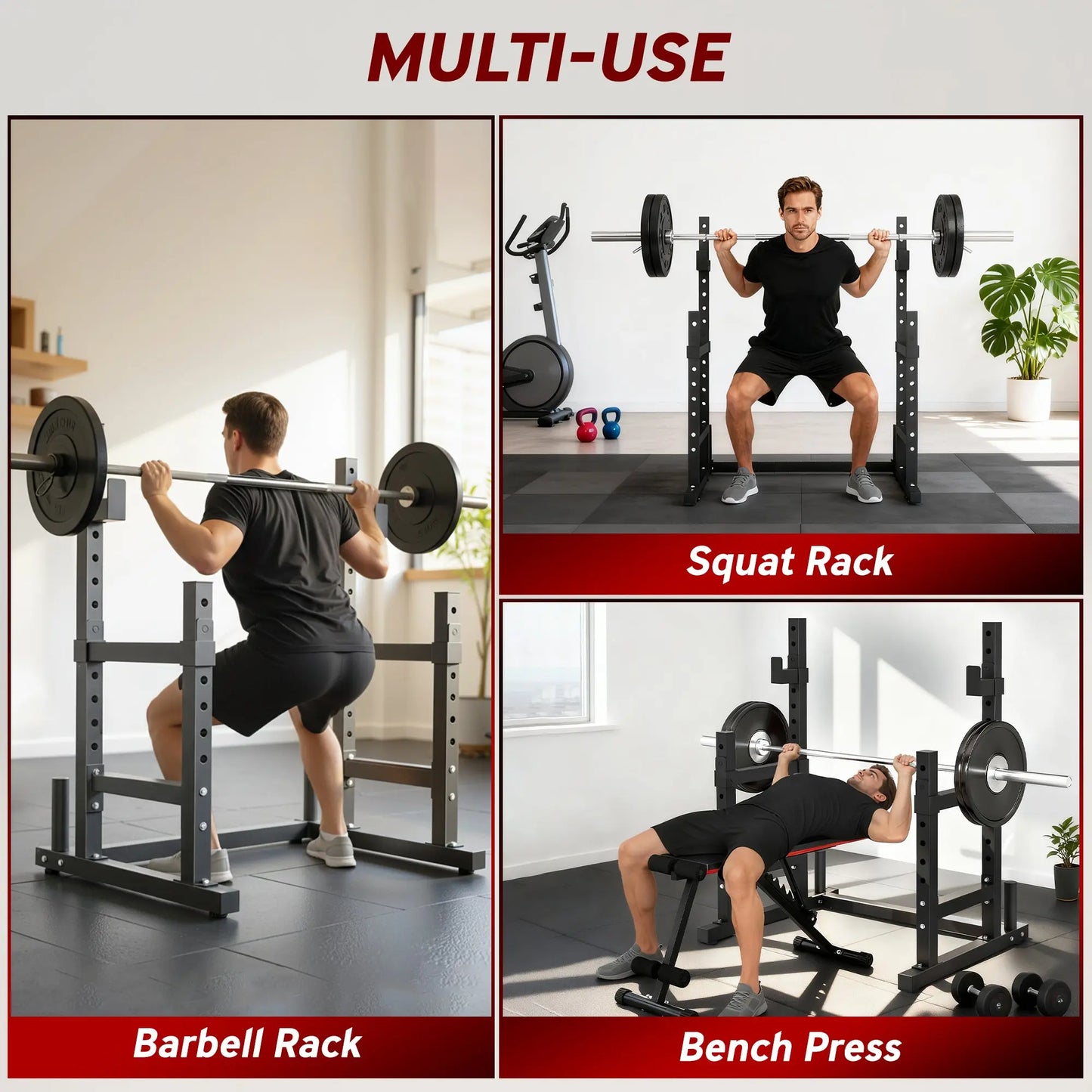 Adjustable Squat Rack, 660lbs Multi - Functional Bench Press Rack For Weight Lifting Home Gym Strength Training, Black - Glucklich Goods LLC