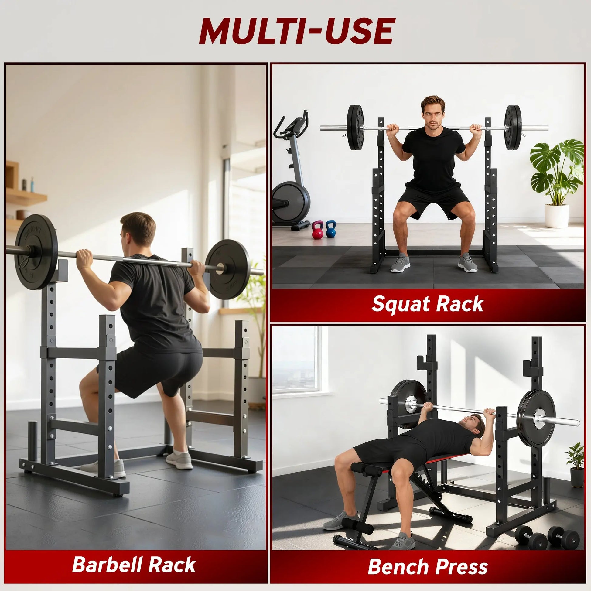 Adjustable Squat Rack, 660lbs Multi - Functional Bench Press Rack For Weight Lifting Home Gym Strength Training, Black - Glucklich Goods LLC