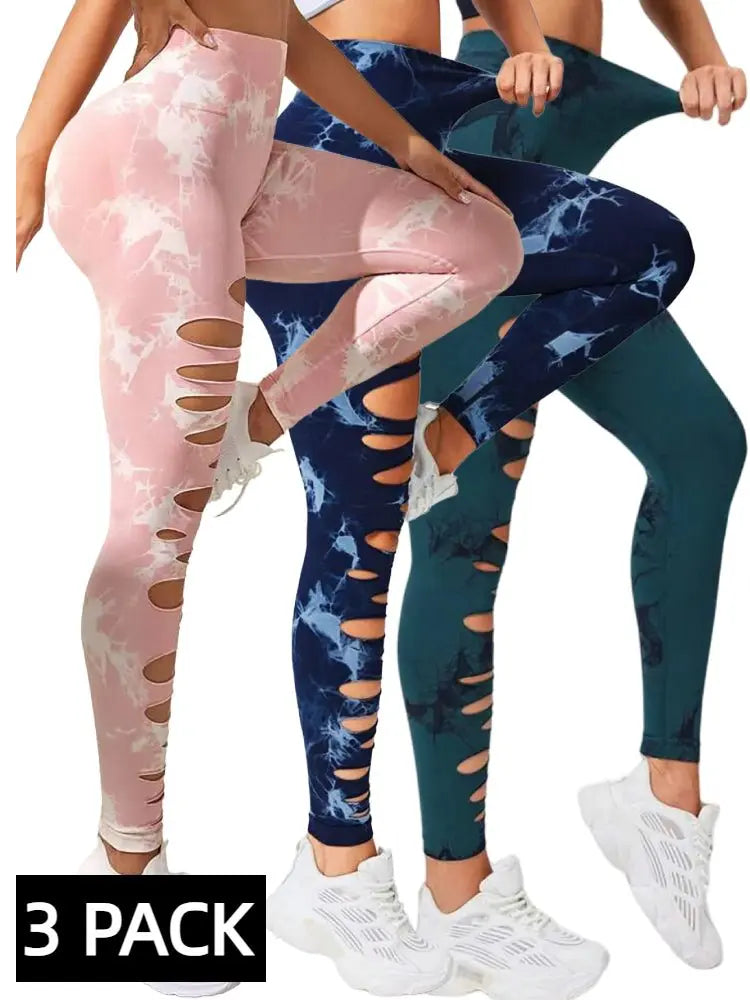 3 PACK Butt Lifting Yoga Gym Athletic Pants, Hollow Out Tummy Control Sports Leggings Tie Dye Running Pants - Glucklich Goods LLC