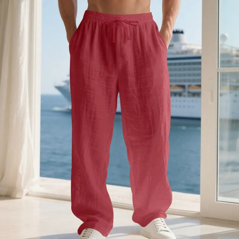 Linen Solid Color American Autumn Weiyi Casual Men's Loose Plus Size Wide Legs Beach Trousers Men - Glucklich Goods LLC