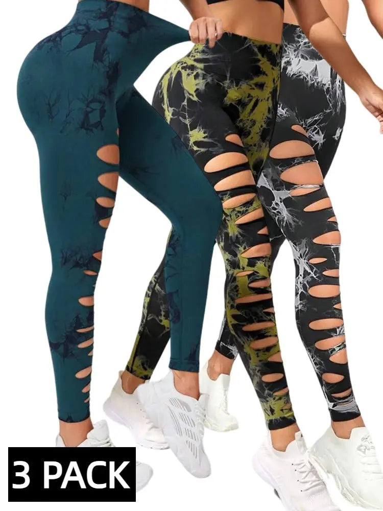3 PACK Butt Lifting Yoga Gym Athletic Pants, Hollow Out Tummy Control Sports Leggings Tie Dye Running Pants - Glucklich Goods LLC