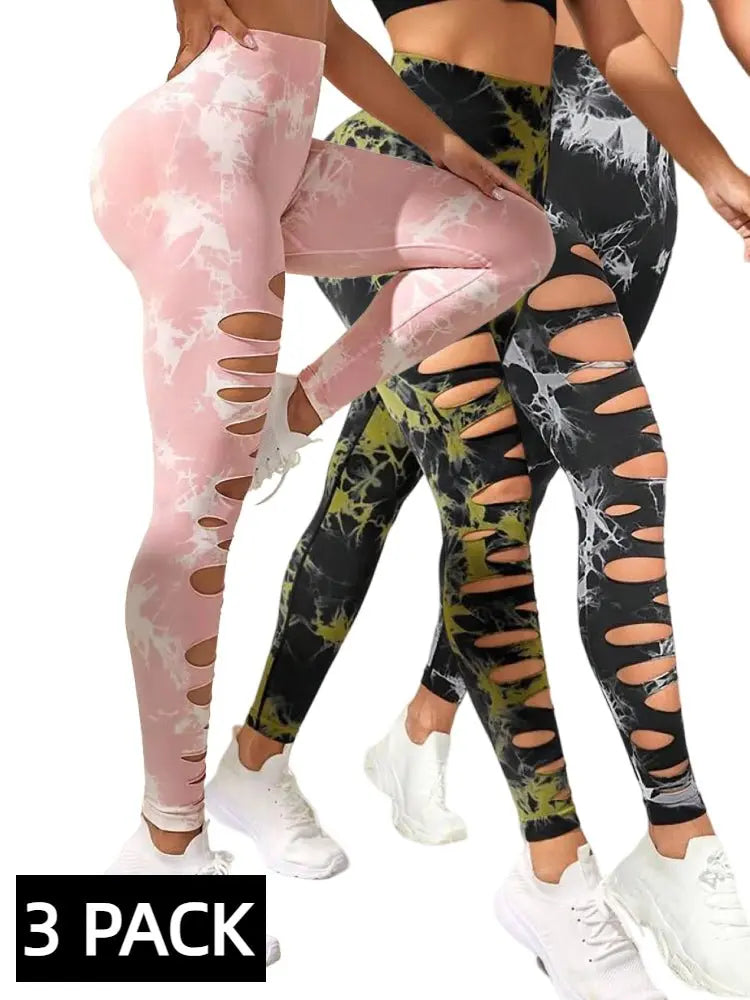 3 PACK Butt Lifting Yoga Gym Athletic Pants, Hollow Out Tummy Control Sports Leggings Tie Dye Running Pants - Glucklich Goods LLC