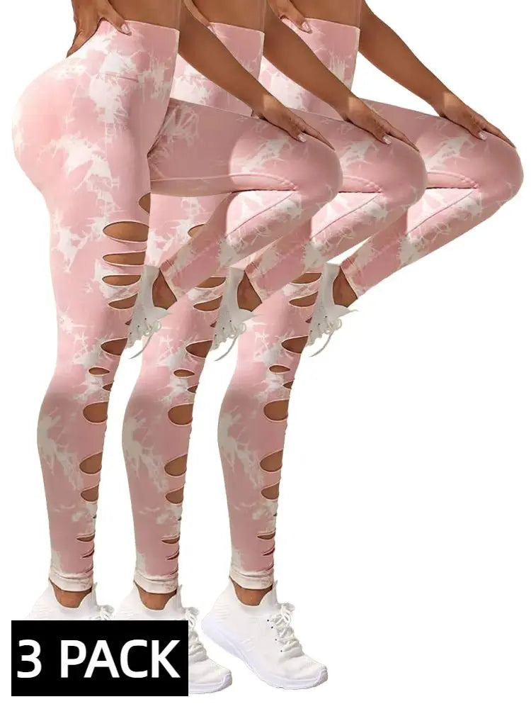 3 PACK Butt Lifting Yoga Gym Athletic Pants, Hollow Out Tummy Control Sports Leggings Tie Dye Running Pants - Glucklich Goods LLC