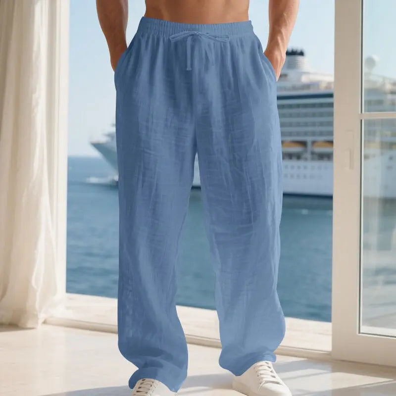 Linen Solid Color American Autumn Weiyi Casual Men's Loose Plus Size Wide Legs Beach Trousers Men - Glucklich Goods LLC