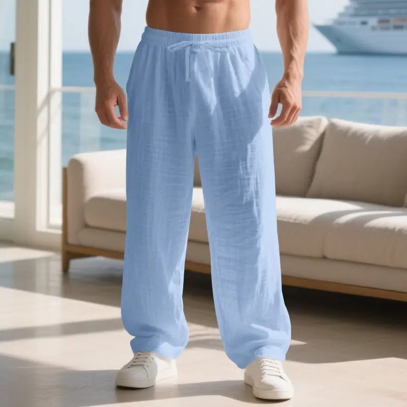 Linen Solid Color American Autumn Weiyi Casual Men's Loose Plus Size Wide Legs Beach Trousers Men - Glucklich Goods LLC