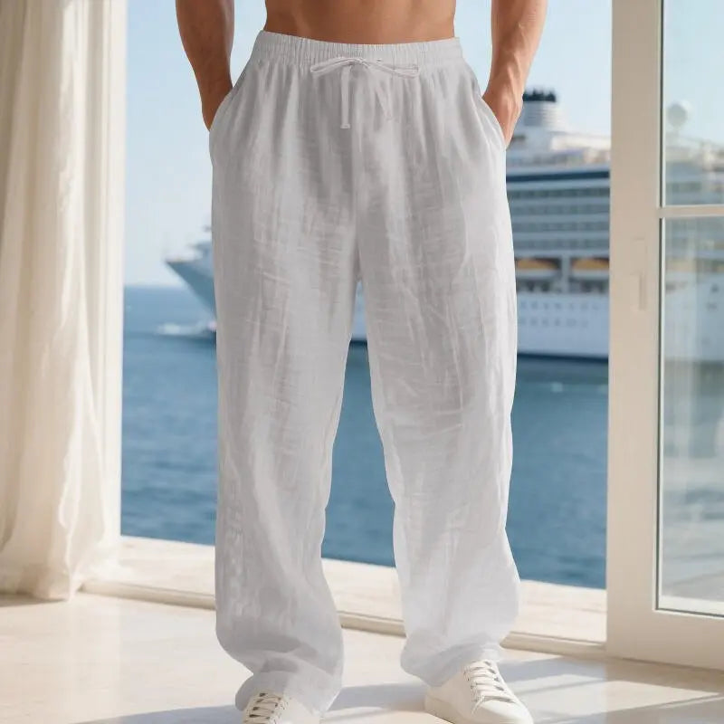 Linen Solid Color American Autumn Weiyi Casual Men's Loose Plus Size Wide Legs Beach Trousers Men - Glucklich Goods LLC