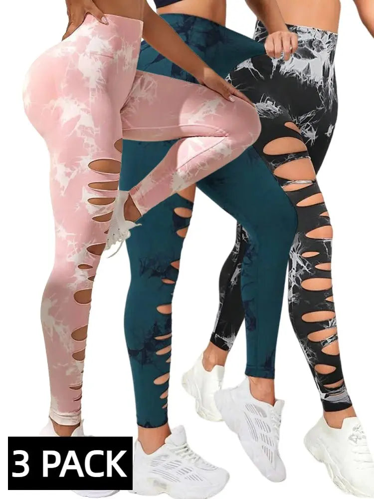 3 PACK Butt Lifting Yoga Gym Athletic Pants, Hollow Out Tummy Control Sports Leggings Tie Dye Running Pants - Glucklich Goods LLC