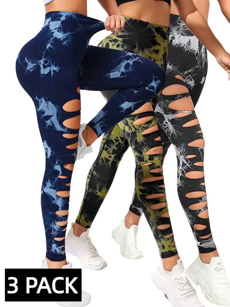 3 PACK Butt Lifting Yoga Gym Athletic Pants, Hollow Out Tummy Control Sports Leggings Tie Dye Running Pants - Glucklich Goods LLC