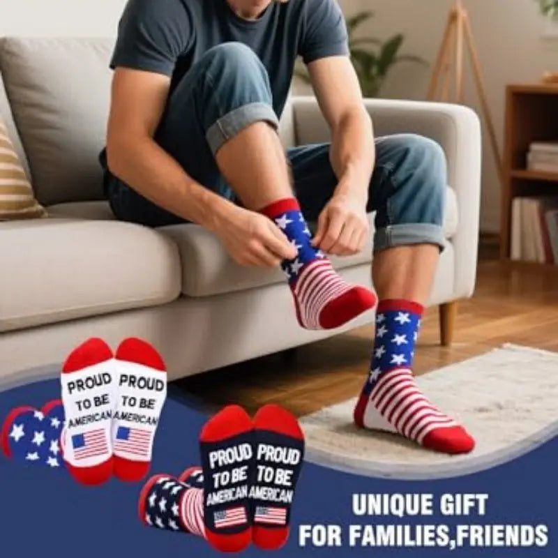 2 Pairs American USA Flag Socks Proud To Be An American Socks Funny Crew For 4th Of July Gift Men Women - Glucklich Goods LLC