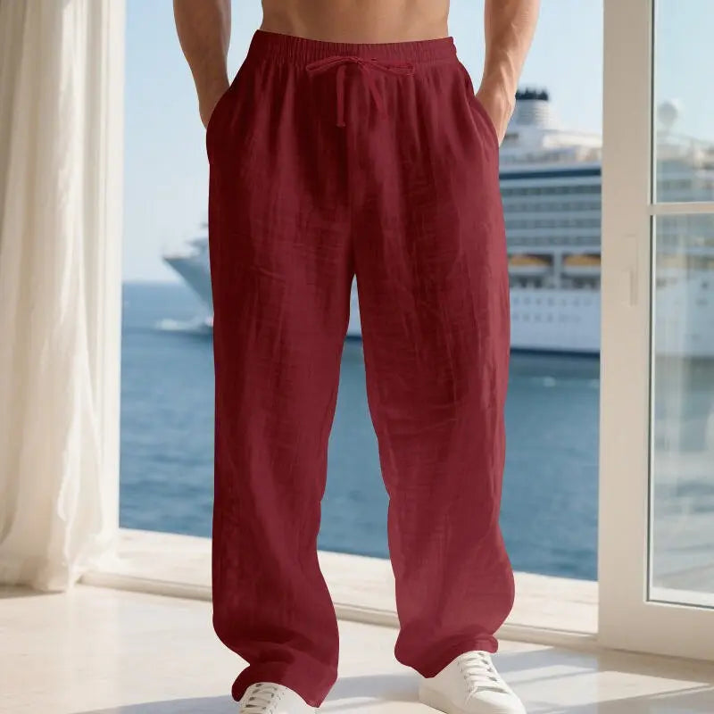 Linen Solid Color American Autumn Weiyi Casual Men's Loose Plus Size Wide Legs Beach Trousers Men - Glucklich Goods LLC