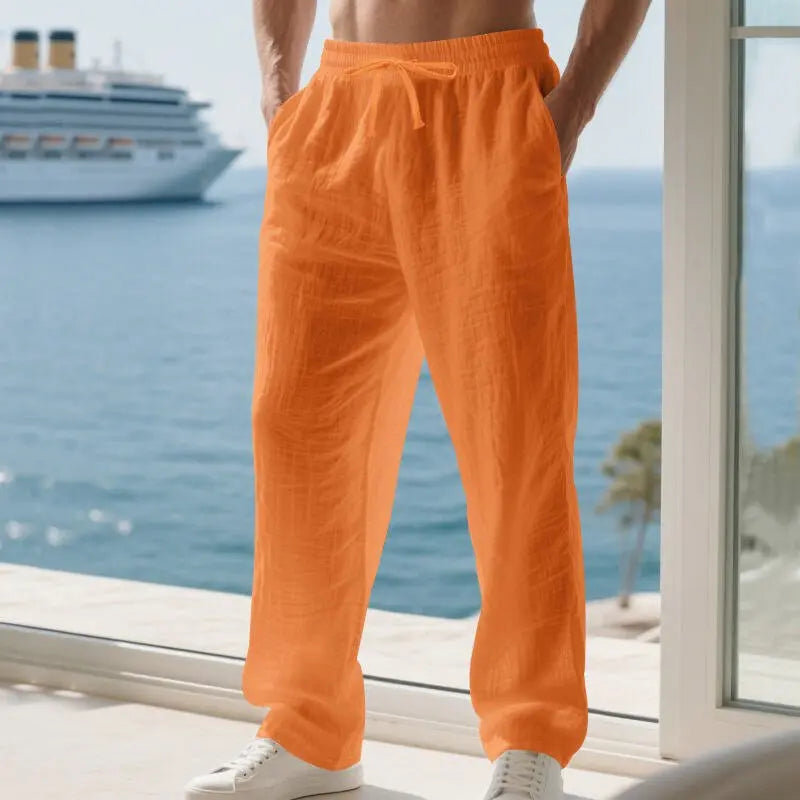 Linen Solid Color American Autumn Weiyi Casual Men's Loose Plus Size Wide Legs Beach Trousers Men - Glucklich Goods LLC