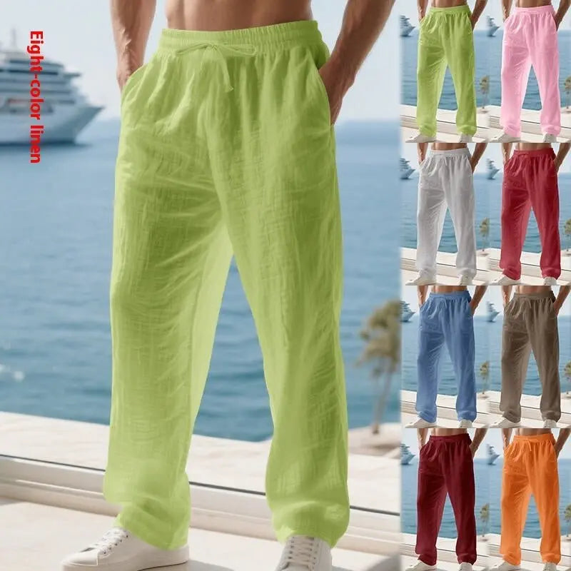 Linen Solid Color American Autumn Weiyi Casual Men's Loose Plus Size Wide Legs Beach Trousers Men - Glucklich Goods LLC