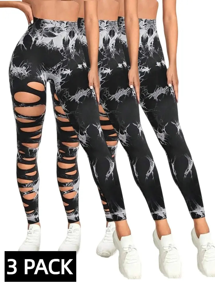 3 PACK Butt Lifting Yoga Gym Athletic Pants, Hollow Out Tummy Control Sports Leggings Tie Dye Running Pants - Glucklich Goods LLC