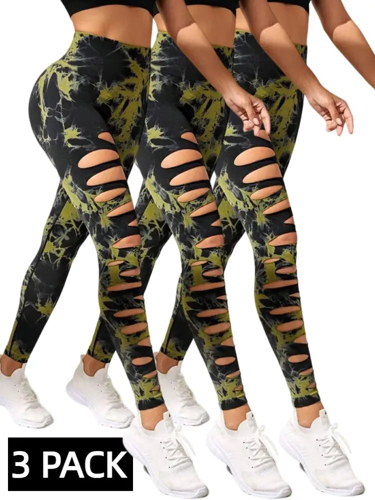 3 PACK Butt Lifting Yoga Gym Athletic Pants, Hollow Out Tummy Control Sports Leggings Tie Dye Running Pants - Glucklich Goods LLC