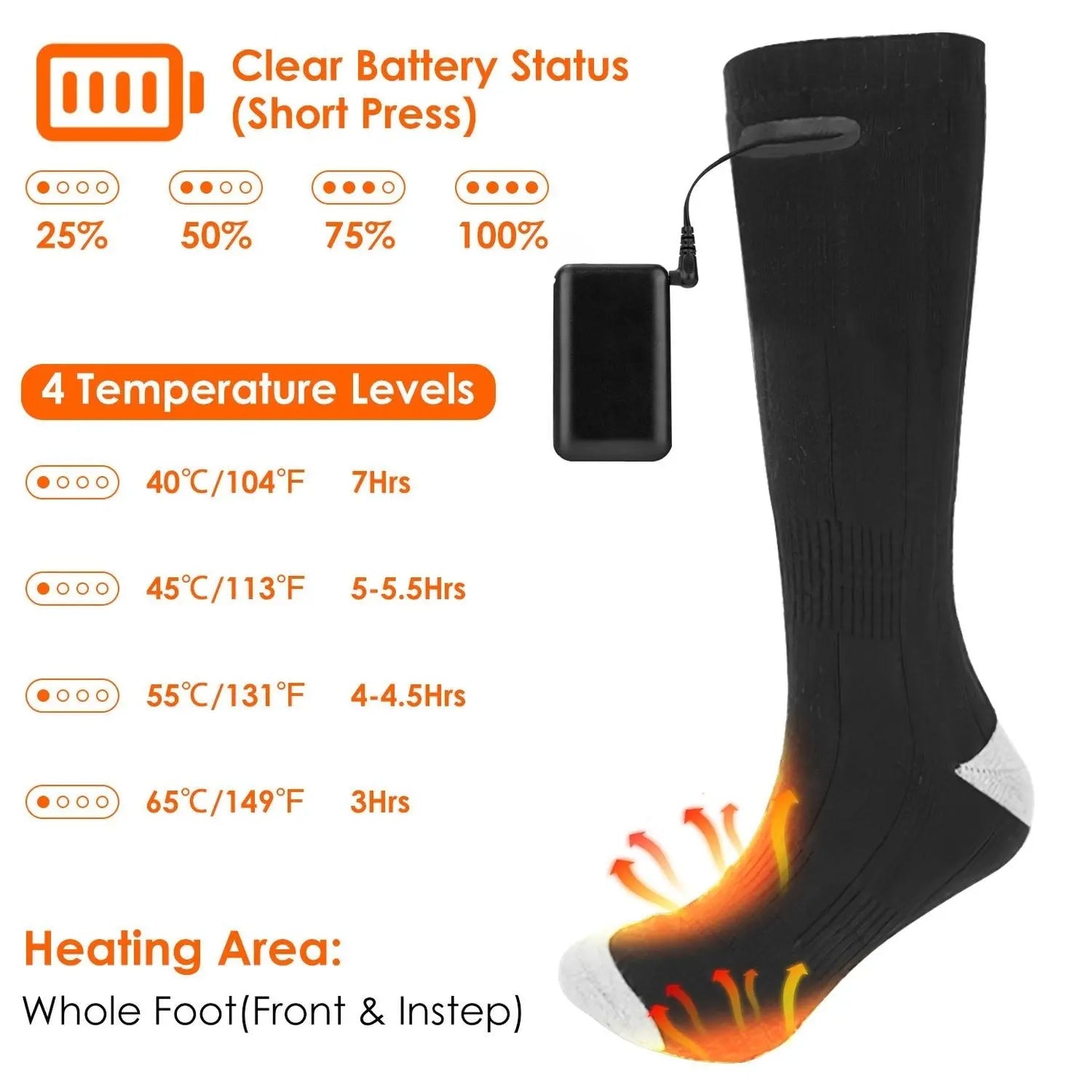 1Pair Electric Heated Socks For Men Women Battery Powered Heated Socks Rechargeable Feet Warmer With 4 Temperature Levels Indoor Outdoor Machine Washable - Glucklich Goods LLC